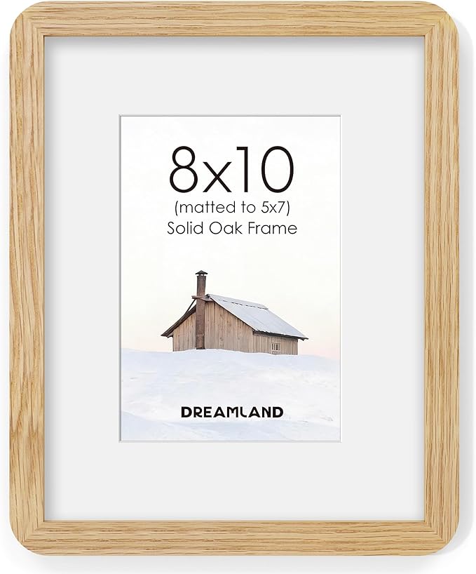 Dreamland 8x10 Picture Frame, Solid Oak Wood Photo Frame with Mat for 5x7, Round Corner 8 x 10 Matted Picture Frames with Resistant Plexiglass for Wall Mounting or Tabletop, Oak Color, Set of 1