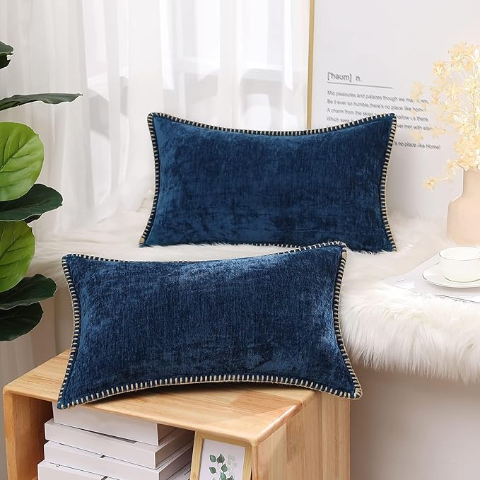 decorUhome Spring Chenille Soft Throw Pillow Covers 12x20 Set of 2, Lumbar Velvet Farmhouse Neutral Decorative Pillow Covers with Stitched Edge for Couch Sofa Bed Home Decor, Poseidon