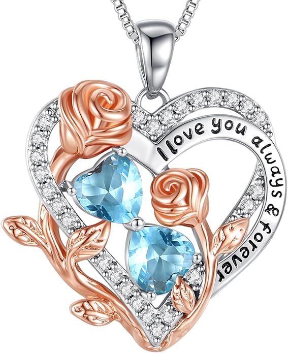 I Love You Birthstone Necklace, 925 Sterling Silver Heart Pendant with CZ Diamond Stones, Birthday Gifts for Women, Romantic Gift for Wife, Girlfriend, Her, Anniversary, Valentine's Day, Christmas