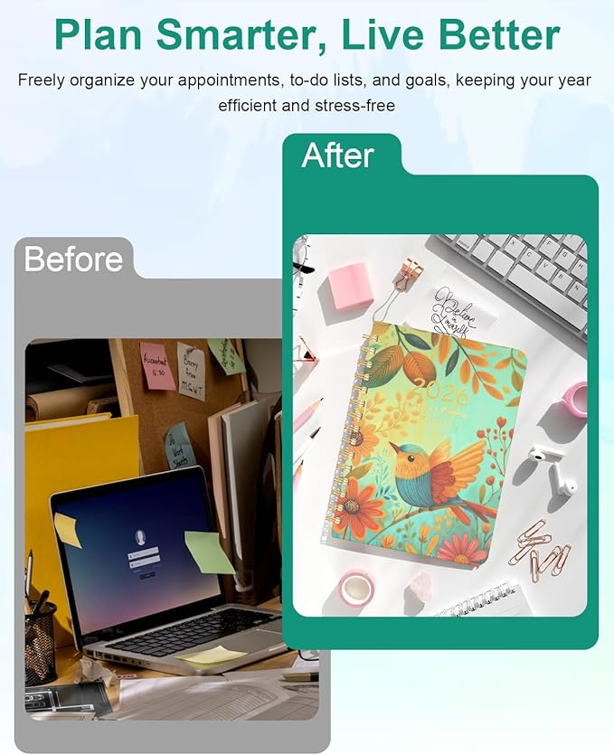 2026 Weekly and Monthly Planner - 2026 Hardcover Calendar Planner, Jan. 2026 - Dec. 2026, Daily Agenda Book with Tabs, Twin-Wire Binding, Back Pocket, School Teacher Student Supplies, A5(6.3" x 8.5") (Bird)