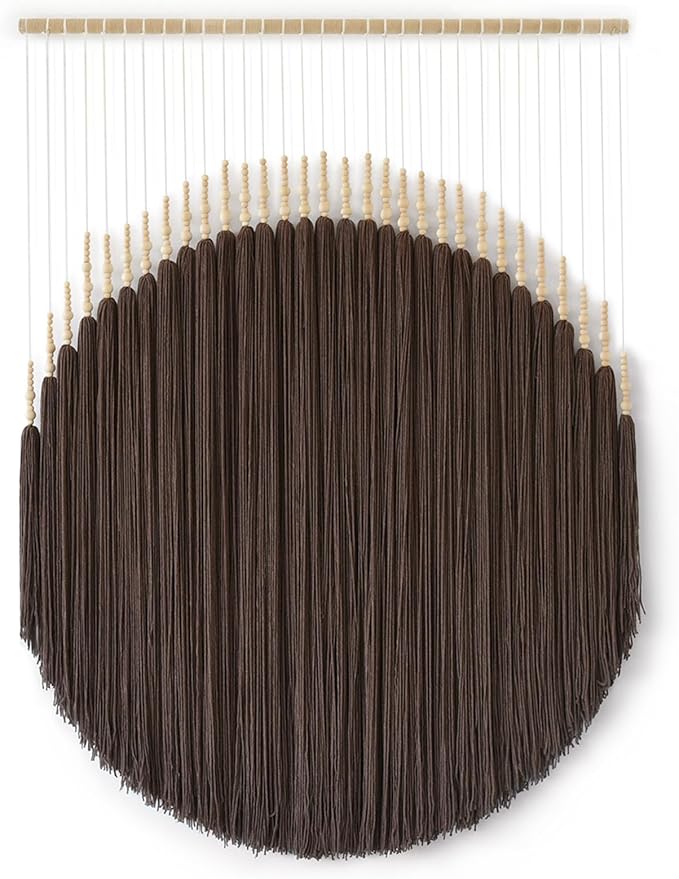 IOWER Macrame Wall Hanging Brown Yarn Wall Art Beaded Boho Wall Decor Round Tassel Handmade Home Wall Aesthetic Living Rooms Bedrooms Offices Home Decor 39" W x 55" L