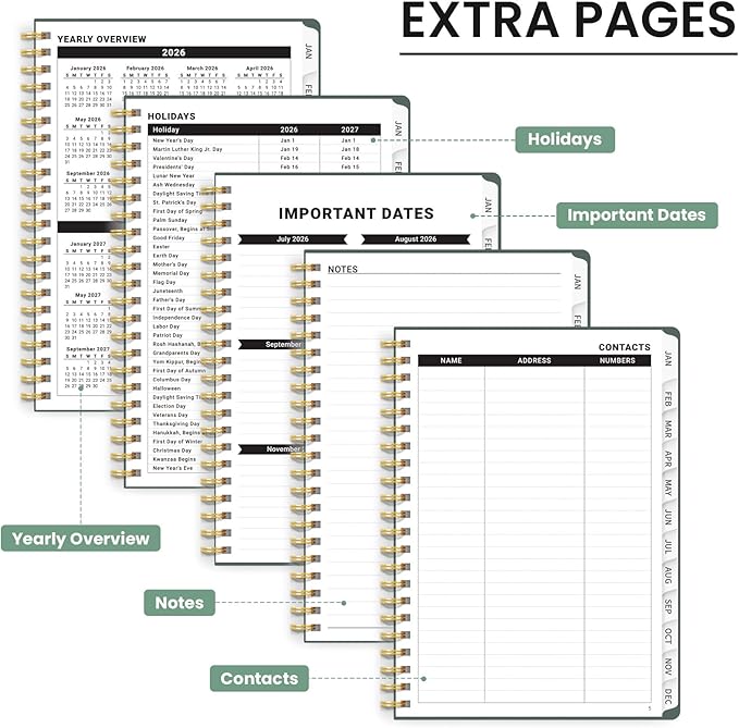 2026 Planner, Monthly and Weekly Calendar Planner for Women, Jan 2026 - Dec 2026, Hardcover Pretty 2026 Agenda Planner Book with Tabs, Spiral Bound, Perfect for School Office Home Supplies, 6.3" x 8.5" - Dark Peony