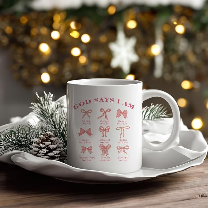 Christian Pink Bows Coffee Mugs, God Says I Am, Coquette Bible Ceramic Coffee Mug, Christian Gifts for Women, Positive Affirmantions Coffee Cup, 11oz Ceramic Cup White