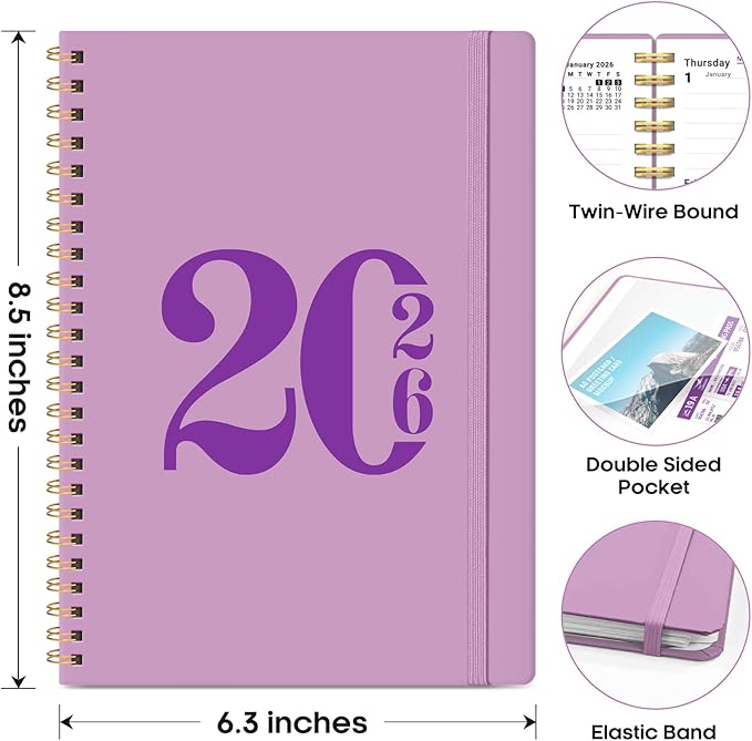 2026 Planner, Monthly and Weekly Calendar Planner for Women, Jan 2026 - Dec 2026, Hardcover Pretty 2026 Agenda Planner Book with Tabs, Spiral Bound, Perfect for School Office Home Supplies, 6.3" x 8.5" - Boho Purple