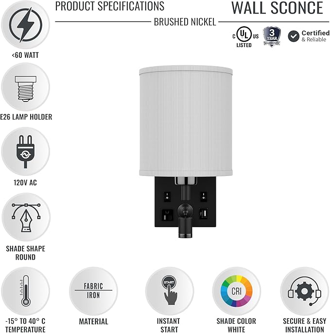 LEDMyplace Wall Sconces Set of 2 LED Indoor Wall Sconce, Bedside Light Fixture with USB Ports & Outlet, White Fabric Shade, Black Metal Finish Wall Lamps for Bedroom, Living Room