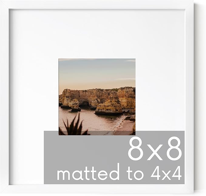 HAUS AND HUES 8x8 White Metal Frame Matted to 4x4 - Premium Aluminum, Shatterproof Plexiglass - Ideal for Home, Room, Office (8x8 in, White, Set of 1)