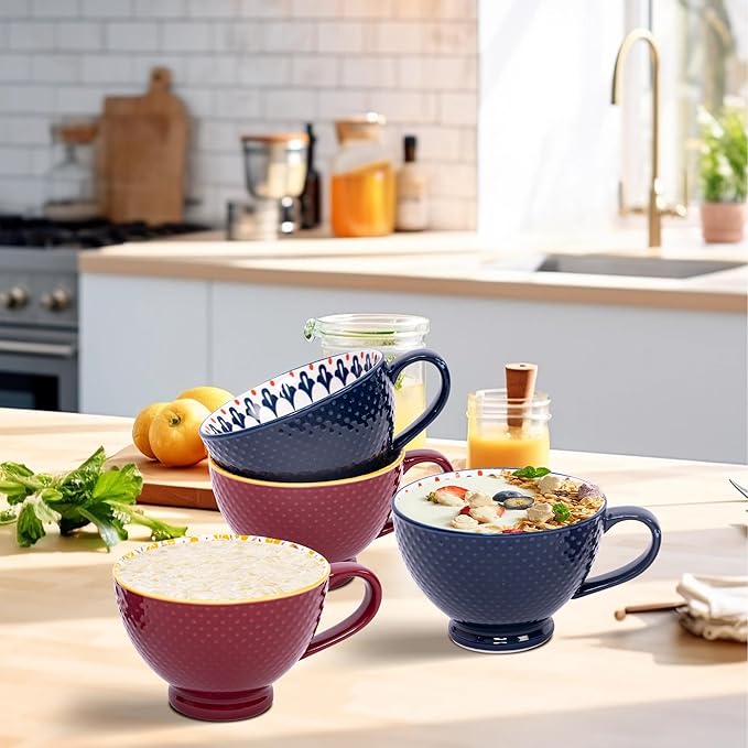 Topadorn Ceramic Coffee Mugs with Handle Set of 2, Hand-Painted Floral Pattern Ceramic Soup Mugs for Salad, Cappuccino, Cereal, Latte, Tea, Cocoa, Breakfast Oatmeal Cups(Blue & Red)