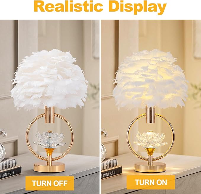 ZYLEIESENBAO Chic White Feather Lamp 17IN Modern Crystal Fluffy Table Lamp Cute Romantic Bedside Nightstand Light Nordic Desk Lamp for Girl Bedroom Living Room Entry Office Wedding Christmas Gift