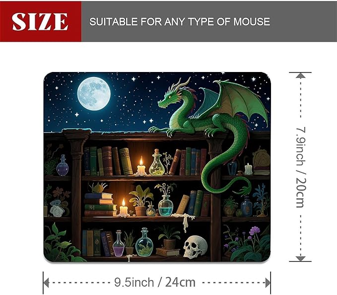 Square Mouse Pad Bookshelf Dragon, Personalized Premium-Textured Custom Mouse Mat Design, Washable Mousepad Cloth, Non-Slip Rubber Base Computer Mouse Pads for Wireless Mouse