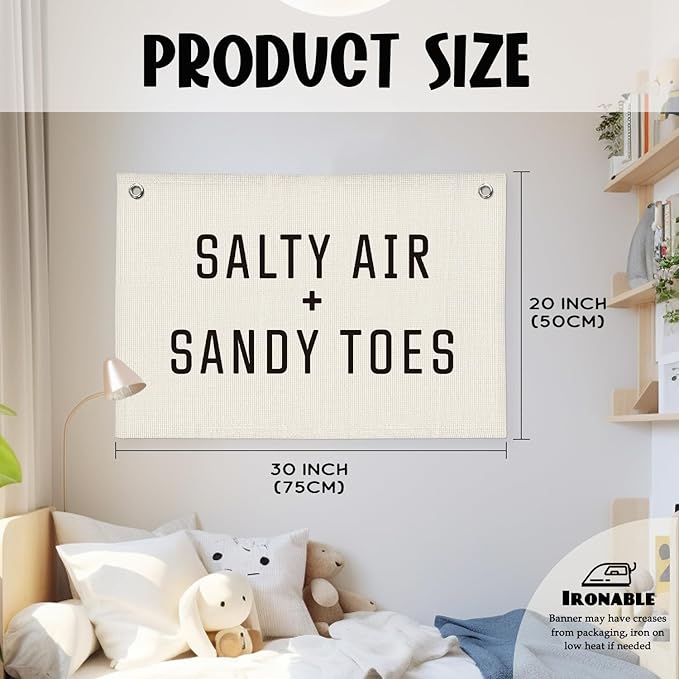 Summer Beach Room Decor, Retro Coastal Surf Banner, Salty Air Sandy Toes Linen Canvas Banner Wall Hanging Flag Decor for Nursery Playroom