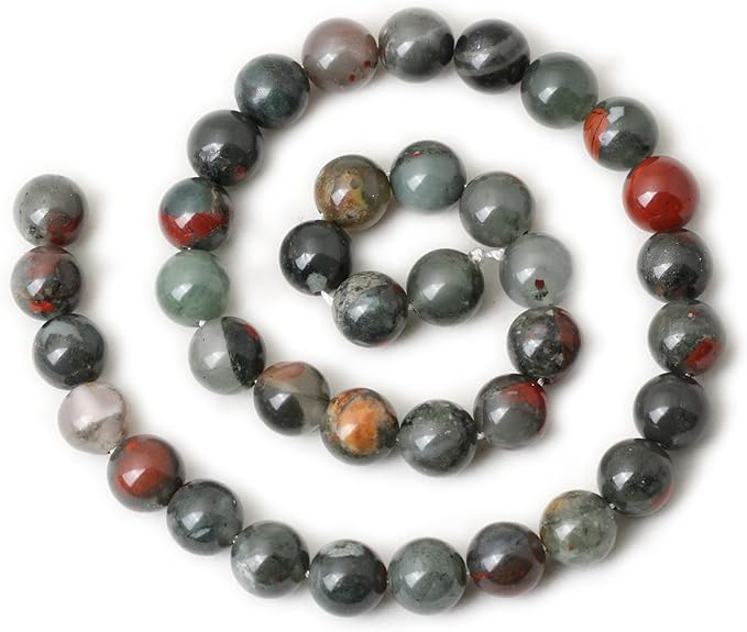 35PCS 10mm Natural African Bloodstone Gemstone Smooth Surface Round Loose Beads for Jewelry Making 1 String 15 Inches