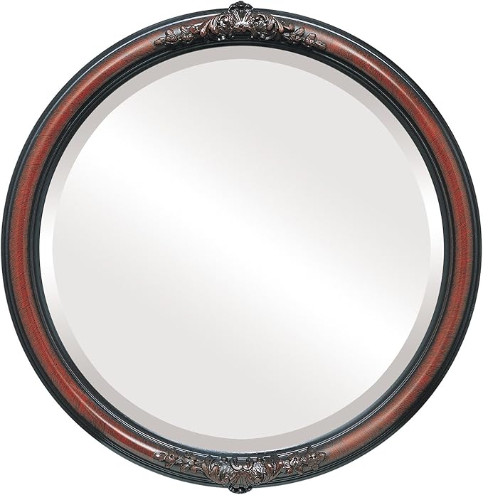 OVALCREST Round Beveled Wall Mirror for Home Decor - Contessa Style - Vintage Cherry - 16x16 Outside Dimensions