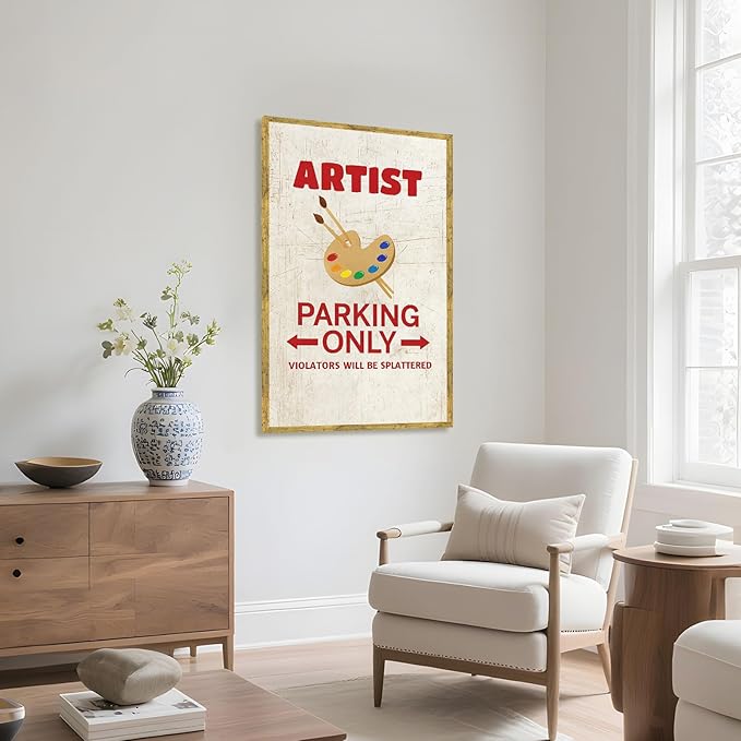 Vintage Framed Artist Parking Only Canvas Print Oil Paintings Reproduction World Classics Retro Poster Painting Pictures Wall Decor Whimsical Home Decor for Office Dorm Room (Wood Framed,12L x 16W)