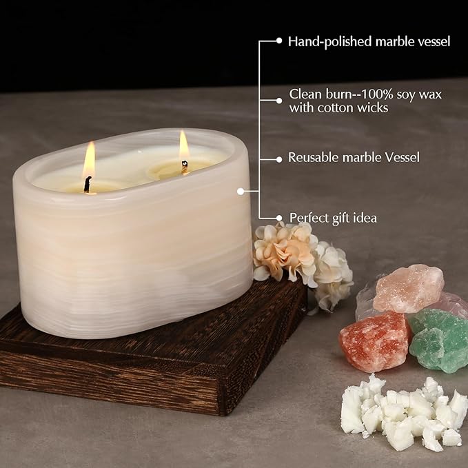 Scented Luxury Candles in Handmade Marble Container, Soy Wax | Large Candle | Non Toxic, 2 Wicks, Reusable Alabaster Stone Jar | Natural Spring Aromatherapy for Women & Men