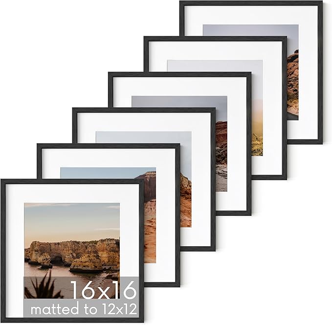 HAUS AND HUES Black Oak Wood 16x16 Picture Frames - Set of 6, Square Frames with Mat, Contemporary Frames for Posters and Photos (16x16 in, Black, Set of 6)