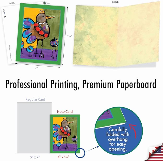 The Best Card Company - 10 Assorted Blank All Occasions Notecards Bulk Box Set 4 x 5.12 Inch with Envelopes (10 Designs, 1 Each) - Bohemian Birds M3319