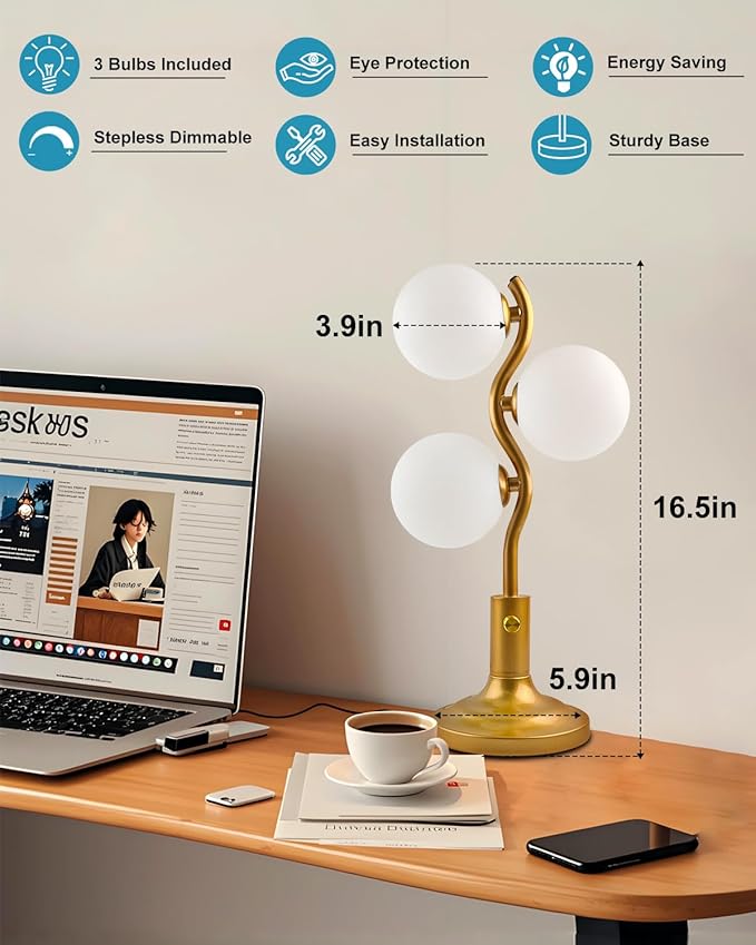 Lightdot Mid Century Globe Table Lamp Dimmable Modern 3 Lights Gold Desk Lamp 3000K Warmwhite Bedside Table Lamp for Bedroom Living Room Study Room(G9 Bulbs Included)