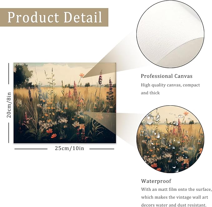 Vintage Wall Art, Classical Wildflower Field Wall Painting Canvas Prints Farmhouse Wall Art French Country Wall Decor Vintage Landscape Art Pictures for Bathroom Kitchen Decor(8" x 10"-UNFRAMED)