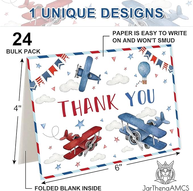 JarThenaAMCS 24 Pack Airplane Travel Thank You Card Greeting Cards with Envelopes Stickers Blank Note Card for Birthday Baby Shower Party Supplies