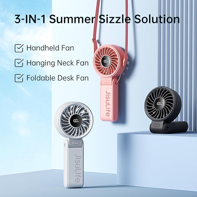 JISULIFE Handheld Fan Life7 – Ultimate Flexibility: High-Power Motor, LED Display, 13 Hrs Cooling, 3600mAh Rechargeable, 5-Speed, Foldable Design, 3-IN-1 Portable Fan for Travel Cruise Beach(Black)