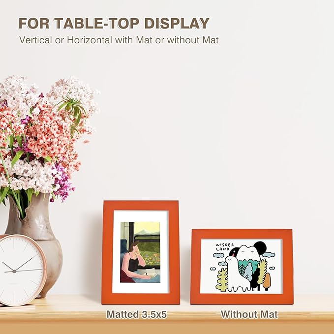 KINLINK 4x6 Frame Orange, Solid Wood 4 x 6 Picture Frame with Acrylic Plexiglass for 3.5x5 with Mat, Tabletop and Wall Display Photo Frames 4x6 Orange, 4 Pack