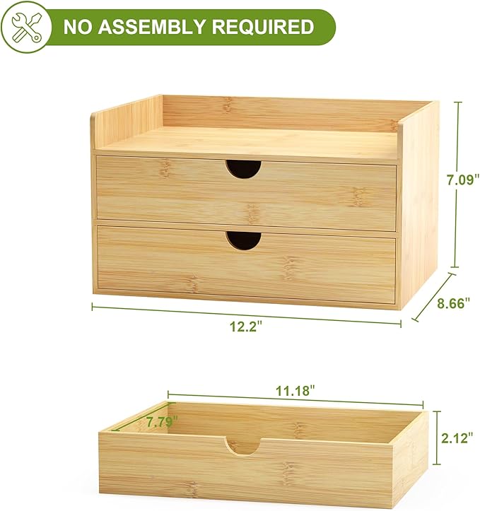 Wisuce Desk Organizer with Drawers - Bamboo Desktop Organizer Storage-Natural Wood Desk Drawers Organizer for Bills, Office Supplies, Cosmetics, Seals No Assembly Required(2 drawers with Shelf)