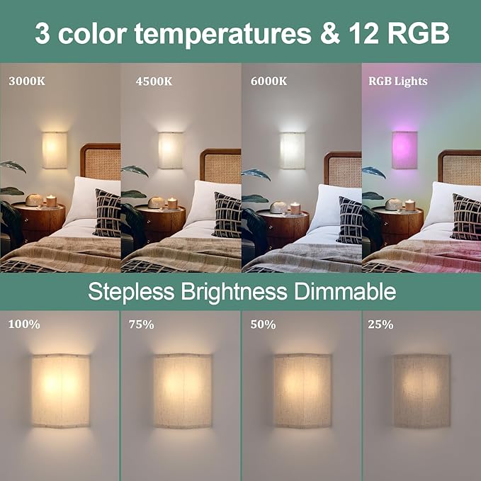 Adhesive Battery Operated Wall Sconce Set of 2, 5000 mAh Battery Rechargeable Bulb with 12 RGB Colors, Stick on Wall Sconce No Drill Wall Lights, Linen