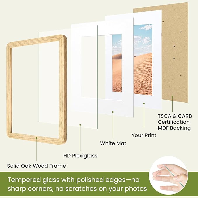 Natural Oak Wood Picture Frame 24x36, Wooden Poster Frame with Mat for 20x30, Round Corner 24 x 36 Matted Picture Frames with Resistant Plexiglass for Wall Mounting or Tabletop, Oak Color, Set of 1