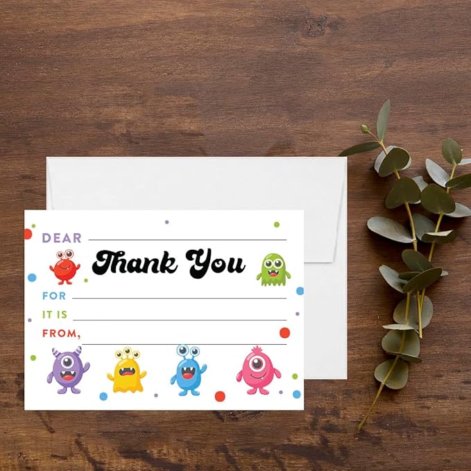 Andaz Press Kids Fill in the Blank Thank You Cards - 20 Cards Including Envelopes Silly Creatures Fun Gender Neutral Note Cards For Boys Girls Birthday Thank You Notes for Friends Family Party Guests