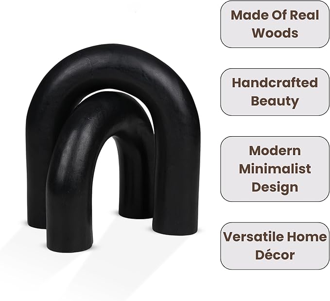 Wooden Arch Décor Set of 2 - Handmade Wood Sculpture for Minimalist Home and Office Decoration, Rustic Wooden Accent for Tabletop, Shelf, and Living Room Aesthetic - 6.5, and 5 Inch - Black