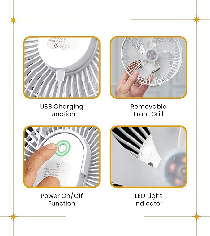 Brynnberg Portable Indoor Fan – Rechargeable Table Fan for Home, Office & Bedroom – Quiet Air Circulation Desk Fan with Adjustable Angle, Hanging Hook & Long Battery Life – Compact White 8.6 x 3.9in
