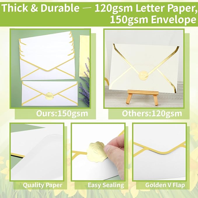 30 Pack Stationery Paper Set with Gold Border Including #10 Business Envelopes and 8.5x11 Paper Sheets 30 Gold Stickers for Love Letters and Party Invitations (White)