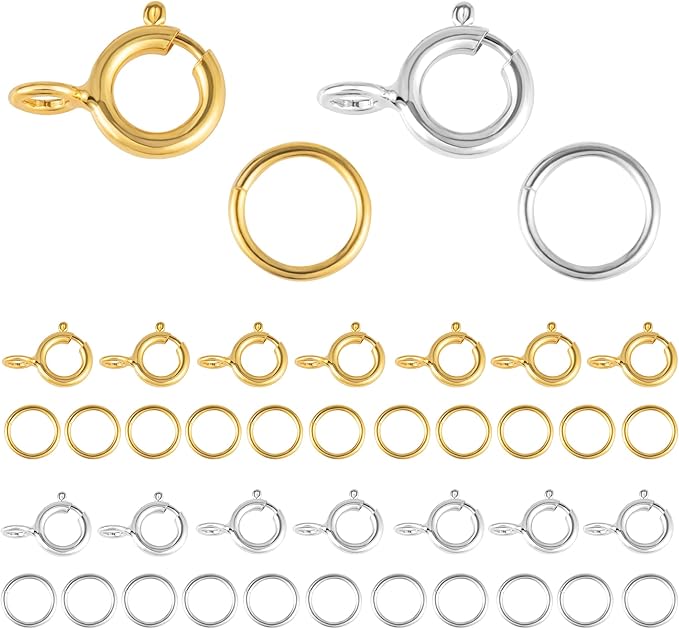 40 Pcs Necklace Bracelet Spring Clasps with Open Jump Rings Set 5mm Jewelry Connectors for Jewelry Making (5mm Gold and Silver Clasps)
