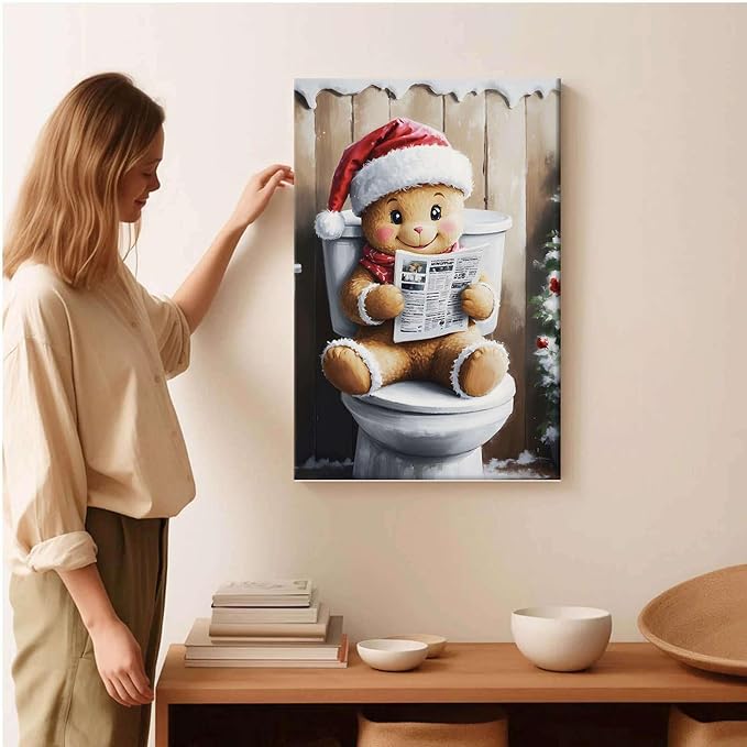 Framed Canvas Wall Art Gingerbread on the Toilet Funny Christmas Poster Bathroom Wall Art Toilet Trendy Christmas Decor 20x30in Wood Framed