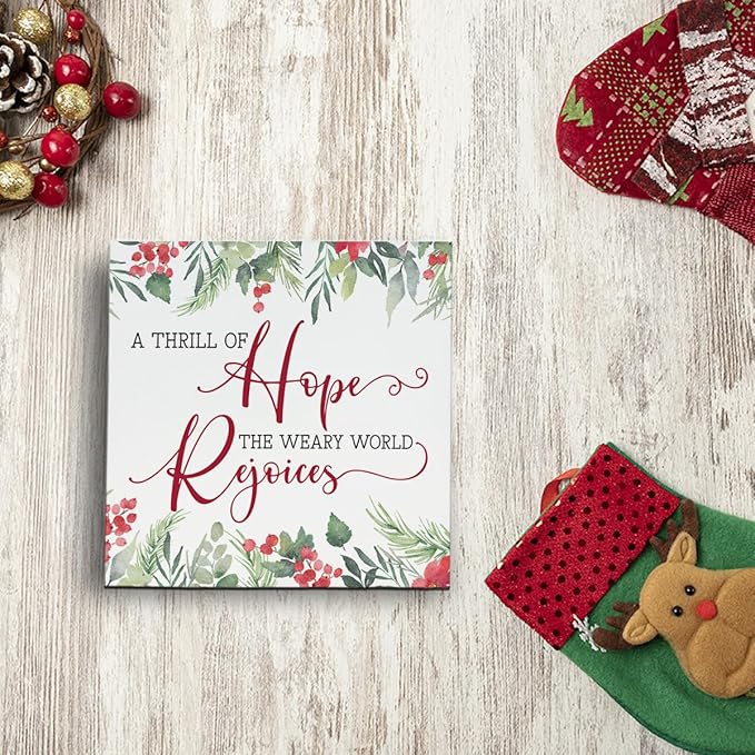 Christmas Wooden Desk Decor Sign, A Thrill of Hope The Weary World Rejoices Wooden Box Sign, Winter Christmas Home Plaque for Living Room Bedroom Office Table Top Decor 5x5 Inches