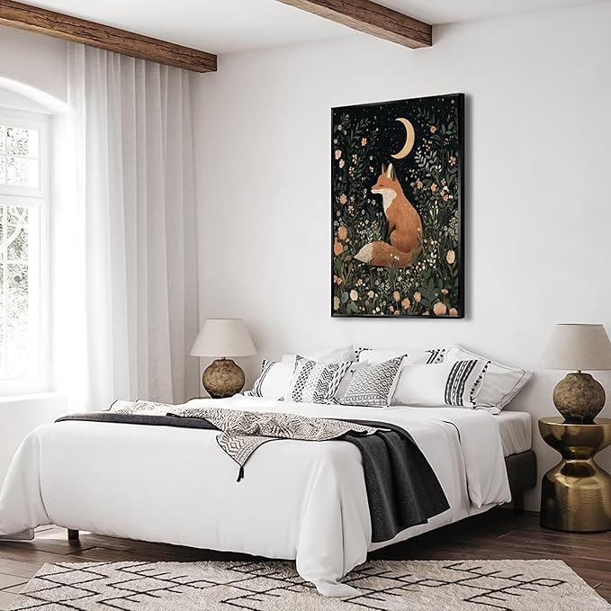 Fairytale Dreamy Fox Wall Art Vintage Moonlit Forest Floral Plant Night Canvas Poster Print Whimsical Nature Aesthetic Picture Decor for Nursery Living Room Bedroom Office 16x24inch Metal Black Framed