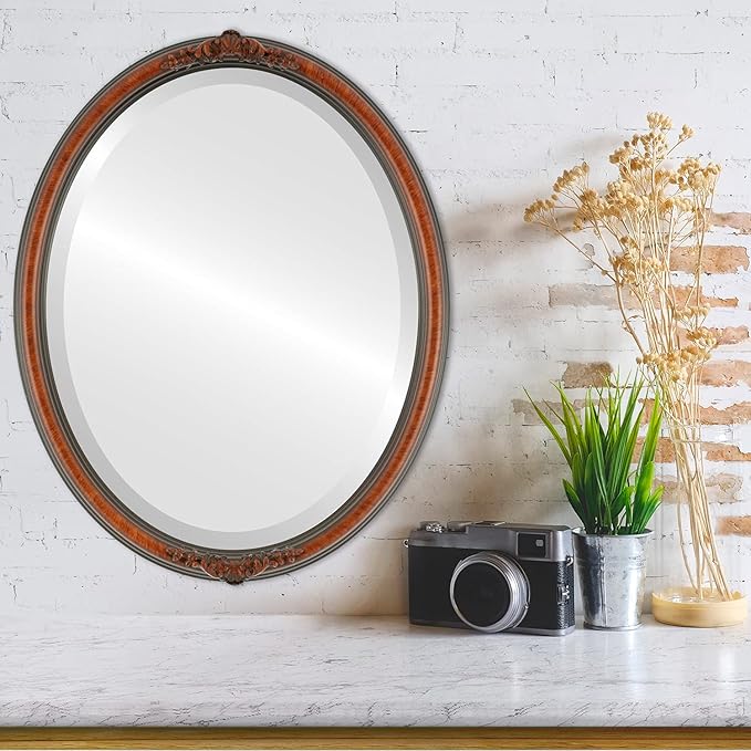 OVALCREST Oval Beveled Wall Mirror for Home Decor - Contessa Style - Vintage Walnut - 26" x 22"