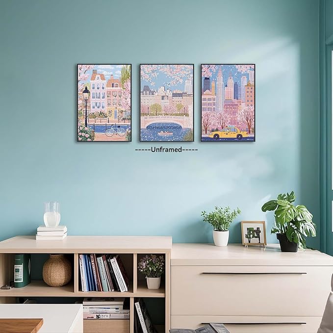 XLARTMY Watercolor City Landscape Travel Wall Art Canvas Framed Pink Cherry Flower Poster Girly Prints Painting Pictures Set of 3 for Bedroom Living Room Office 16x24in Unframed