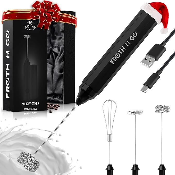 Zulay Froth N Go Milk Frother – Rechargeable 3-in-1 Handheld Frother Wand with Travel Case & USB-C Charger – Single, Double & Egg Whisk for Latte, Cappuccino, Matcha, Protein Shakes – Black
