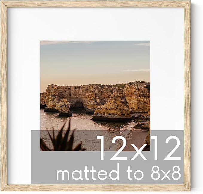 HAUS AND HUES Beige Oak Wood 12x12 Picture Frame Matted to 8x8 - Modern Square Frame with Plexiglass, Lightweight Wall Frame for Photos and Prints (12x12 in, Beige, Set of 1)