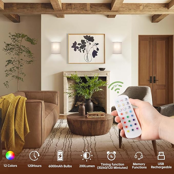 Adhesive Battery Operated Wall Sconce Set of 2, 5000 mAh Battery Rechargeable Bulb with 12 RGB Colors, Stick on Wall Sconce No Drill Wall Lights, Linen