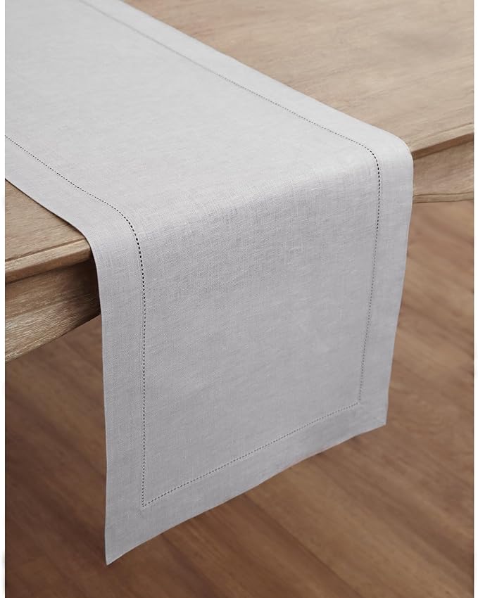 Solino Home Linen Soft Grey Table Runner 60 Inches - Classic Hemstitch, 100% Pure Linen Coffee Table Runner 14 x 60 Inch Ideal for Dresser Tables - Spring, Easter