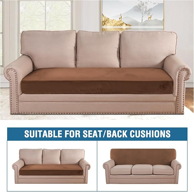 H.VERSAILTEX Velvet Stretch Individual Couch Cushion Cover Plush Cushion Slipcover for Loveseat Sofa Cushion Furniture Protector Seat Cushion Sofa Cover (1 Piece Sofa Cushion Cover, Caramel)
