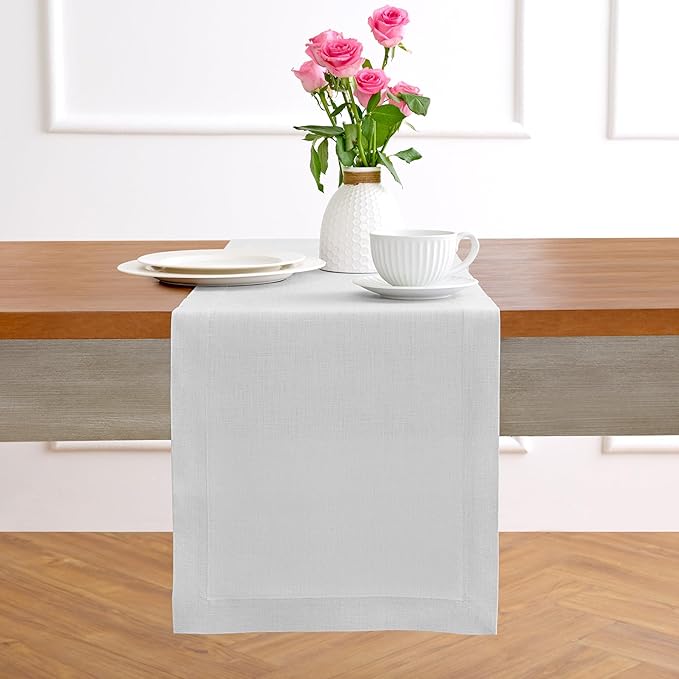 Solino Home Linen Table Runner 120 Inches Long - 100% Pure Linen Silver Cloud Dining Table Runner 14 x 120 Inch for Winter - Fete