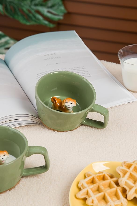 DIHOclub Farmhouse Ceramic Coffee Mug with Animal Figurine – Rustic Stoneware Cup, Matte Finish, Ideal for Breakfast & Home Decor (Green Dog)