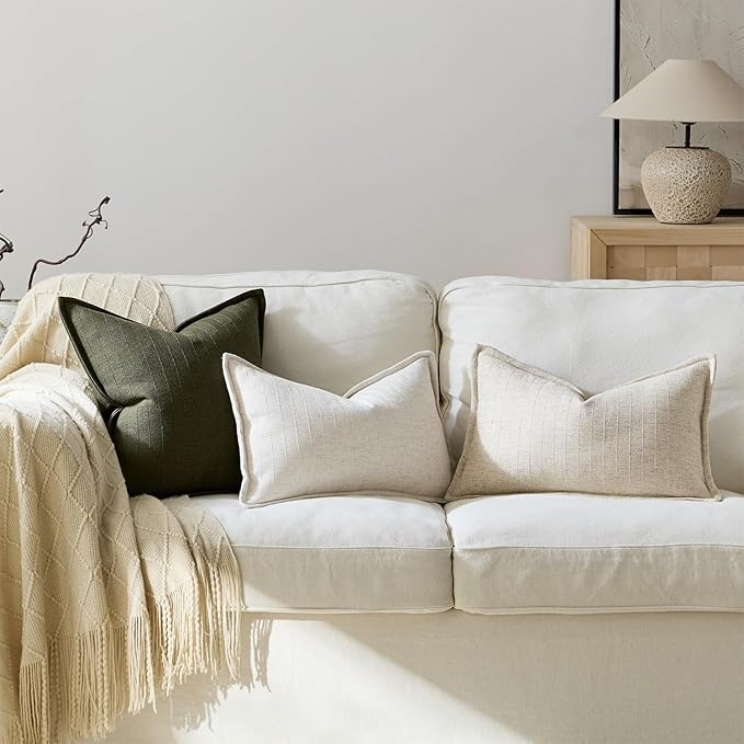 12x20 Linen Pillow Covers Natural Beige Pack of 2 Farmhouse Boho Neutral Accents Striped Textured Rectangular Lumbar Decorative Throw Pillow Cases for Living Room Couch Bed Home Decor
