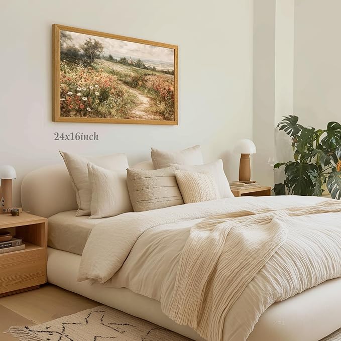 LLEEMPI Vintage Wildflower Wall Art, Country Botanical Wall Decor, Floral Meadow Nature Canvas Painting, Rustic Farmhouse Poster Print for Living Room Bedroom Bathroom Office Wood Framed 12x16 Inch