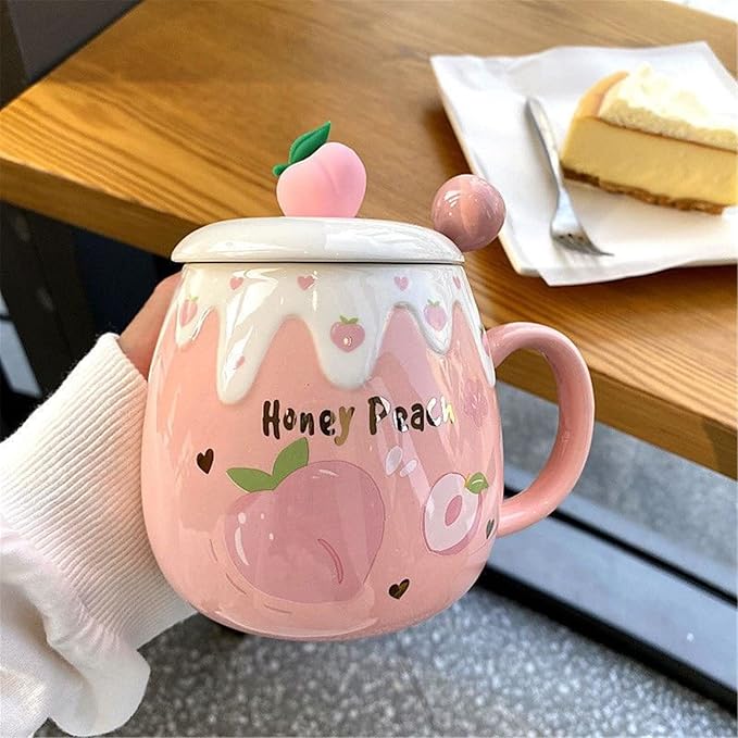 Coffee Mug Cups Ceramic Tea Cup Fruits Peach Shaped Handmade Pottery Cute Mugs With Lid Spoon Handle Office Home Hot Ice Chocolate Milk Mugs Gifts Microwave Dishwasher Safe Travel Mugs (Rose)