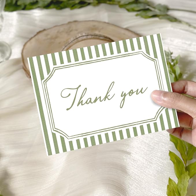 Whaline 24Pcs Sage Green Thank You Cards Blank Note Cards with Envelopes Stickers Minimalist Green Stripe Greeting Card for Wedding Birthday Baby Shower, 4 x 6 Inch