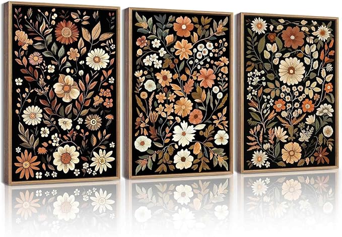 KUVIOKE Orange Vintage Flower Framed Wall Art Boho Floral Wall Decor Retro Wildflower Modern Art Prints Bedroom Living Room Home Decor 11x14in (Natural Framed)